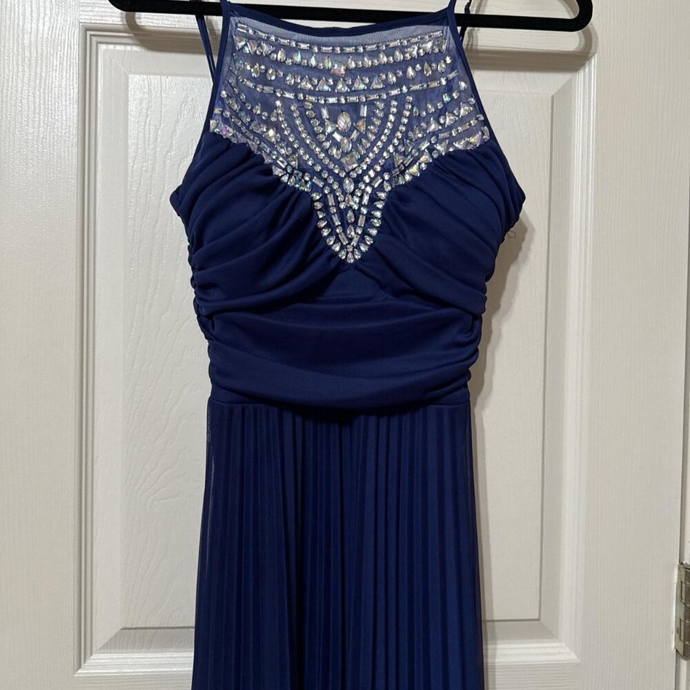B. Darlin Navy blue halter prom dress with silver beading #promdress